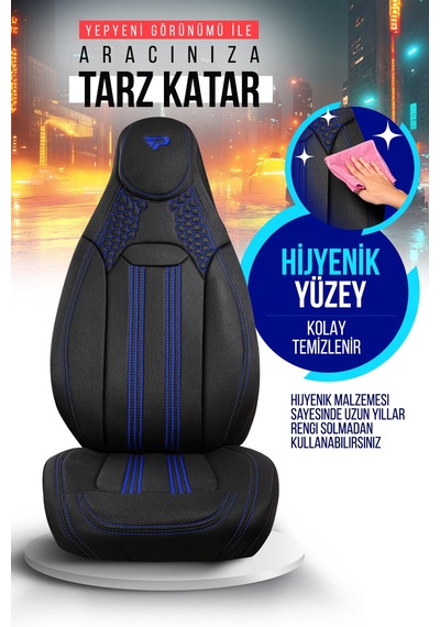 Siyah - Mavi Panda Hunter Lacoste Kumaş Ortopedik Destekli Oto Koltuk Kılıfı-tam Set