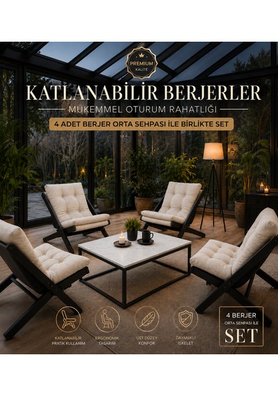 4lü Sehpalı Dinlenme Koltuğu Berjer Balkon Koltuğu Bahçe Kotuğu Tv Sandalyesi Krem