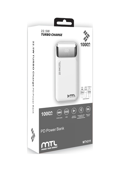 10000 Mah 22.5w Süper Hızlı Şarj Dahili Kablolu Dijital Led Göstergeli Pd Ve Qc 3.0 Powerbank Mt4310 Beyaz