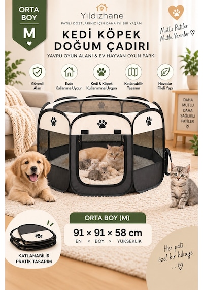 Patibon Evcil Hayvan Katlanabilir Sekizgen Oyun Parkı Kedi Doğum Odası Bej 75x43 Cm