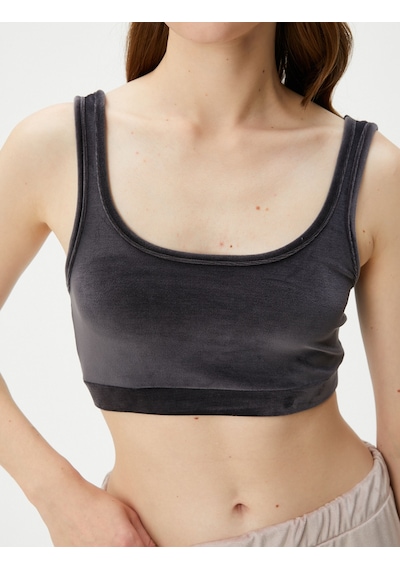 Koton Kadife Pijama Üstü Crop U Yaka Yumuşak Dokulu Antrasit 4wlk90015mk Antrasit