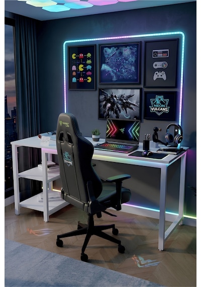Reflekta Raflı Oyuncu Masası 60x160 Cm. Gaming Masa Demonte Beyaz-beyaz