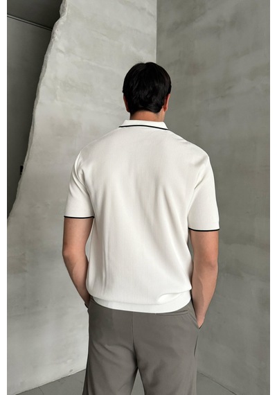 Erkek Oversize Selanik Polo Yaka Triko T-shirt Beyaz