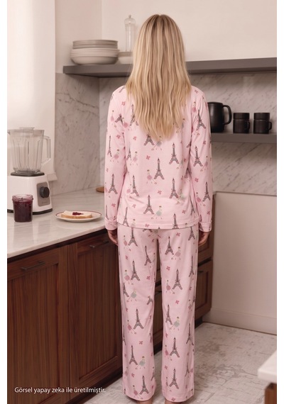 Siyah İnci Pembe Desenli Termal Kumaşlı Ultra Soft Yumuşak Düğmeli Örme Pijama Takımı 26226826