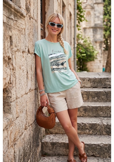 Lela Baskılı Bisiklet Yaka Regular Fit Bayan T Shirt 6671000 Mint