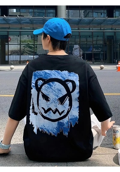 Barlashive Erkek Tişört Bisiklet Yaka Kore Tarzı Baskı Kısa Kol T-shirt - Siyah Çok Renkli Barlashive Erkek Tişört Bisiklet Yaka Kore Tarzı Baskı Kısa Kol T-shirt - Siyah Çok Renkli