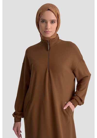 Armine Trend Yarım Fermuarlı Kolları Ribanalı Cepli Örme Tunik Taba 25kt461 Taba