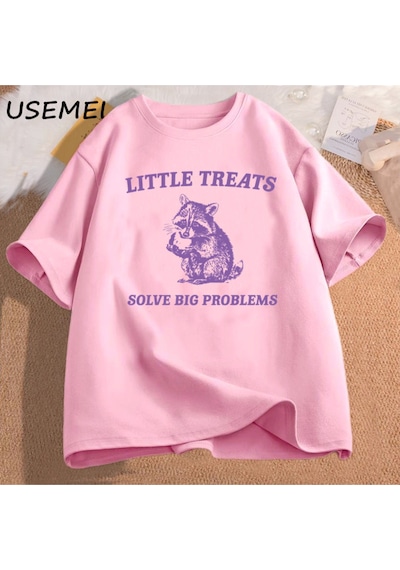 Flood Of Style Küçük Davranır Büyük Sorunları Çözmek Komik Rakun Baskı T Shirt Erkek Kadın Moda Harajuku Ret Pembe