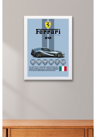 Ferrari 812 Mavi V12 Premium Süper Araba Tablosu - Teknik Özellikli İtalyan Otomobil Duvar Dekoru Beyaz Ferrari 812 Mavi V12 Premium Süper Araba Tablosu - Teknik Özellikli İtalyan Otomobil Duvar Dekoru Beyaz
