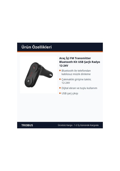 Trobus Araç İçi Fm Transmitter Bluetooth Kit Usb Şarjlı Radyo 12-24v