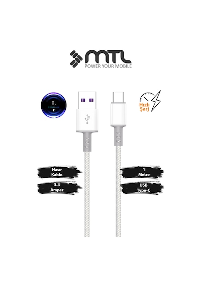 3.4a Usb To Type-c Hasır Hızlı Şarj Ve Data Aktarım Kablosu 1 Metre Mt2453