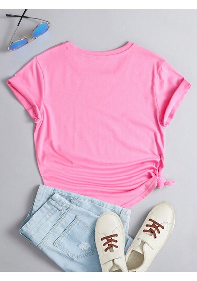 Renkli Kalpler T-shirt - Pembe Baskılı Oversize Bisiklet Yaka Kısa Kol Tişört Pembe