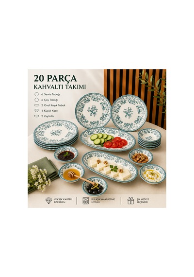 Porser Velour Green 20 Parça Kahvaltı Takımı , Porselen Kahvaltı Takımı Yeşil