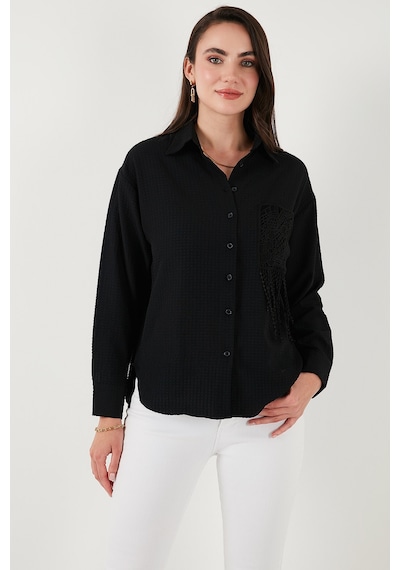 Lela Regular Fit Güpürlü Cep Detaylı Uzun Kollu Bayan Gömlek 6773215 Siyah