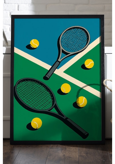 Tenis Raketleri Siyah Ahşap Çerçeveli Poster, Dekoratif Tenis Duvar Tablosu