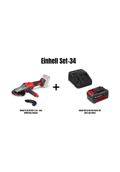 Einhell Set-34 Einhell Tp-ag 18/125 F Li Bl - Solo, Akülü Avuç Taşlama+einhell 18v 4,0 Ah Pxc Starter Kit, Akü & Şarj Cihazı