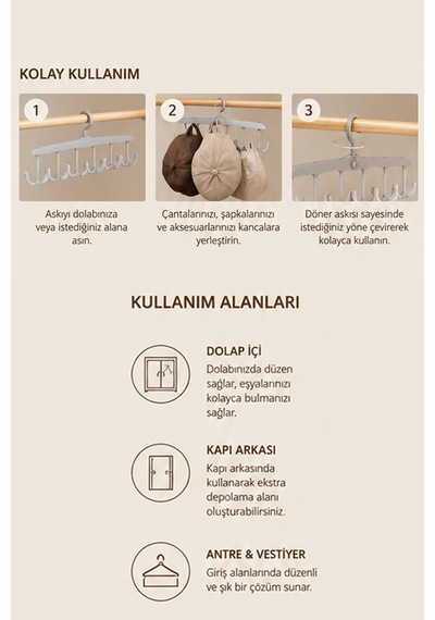 12 Kancalı Döner Çok Amaçlı Dolap Askısı Sütyen Eşarp Kravat Kemer Çanta Şapka Organizeri Diğer