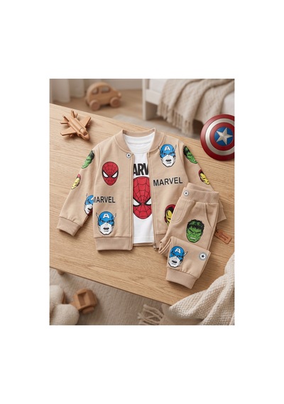 Deniva Kids Erkek Bebek Bej Fermuarlı Hırka Tshirt Ve Eşofman Altı 3'lü Takım