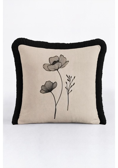 Çiçek Desenli Zarif Botanik Saçaklı Yastık Kılıfı - Minimal Floral Bej Siyah Püsküllü Kırlent Kılıfı Lacivert