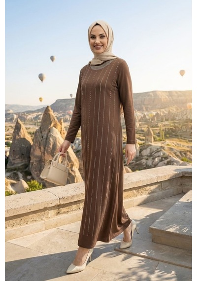 Hb Harma Time Butik Kadın Kahverengi Kristal Kumaş Taş Detaylı Uzun Tesettür Elbise Hb Harma Time Butik Kadın Kahverengi Kristal Kumaş Taş Detaylı Uzun Tesettür Elbise