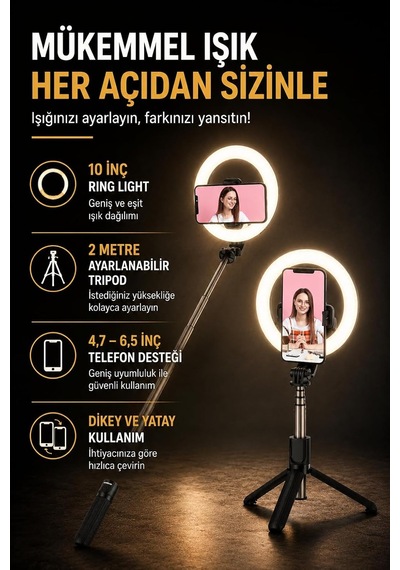Ayrex 10 İnç Ring Light 2 Metre Tripod Bluetooth 5.2 Kumandalı Np-l14