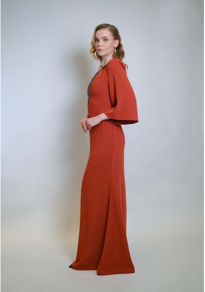 Crystalia Hazel Dress Krep Kumaş Taş İşlemeli - Tarçın Tarçın