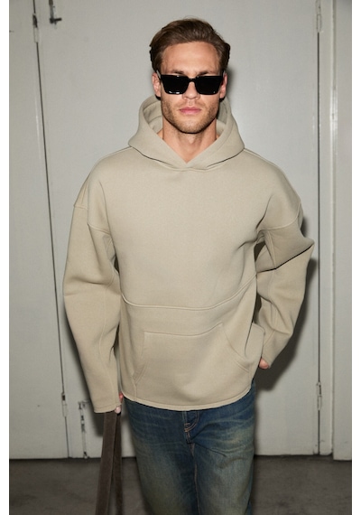 Grımelange Colega Erkek Yumuşak İçi Polarlı Organik Pamuklu Kanguru Cepli Taş Rengi Sweatshirt Taş Rengi