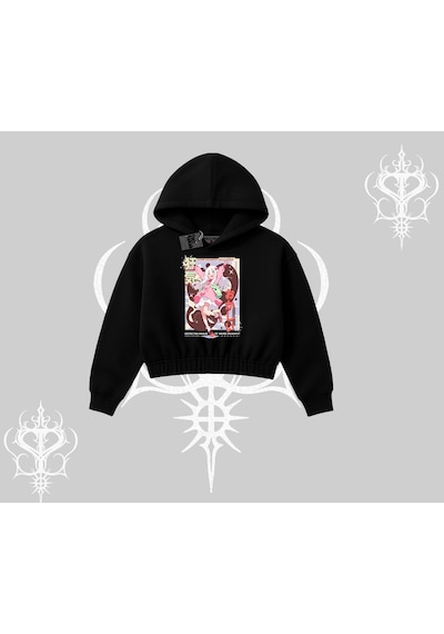 Startmore Kapşonlu Crop Sweatshirt Madness Unleashed Anime Girl Baskılı Siyah