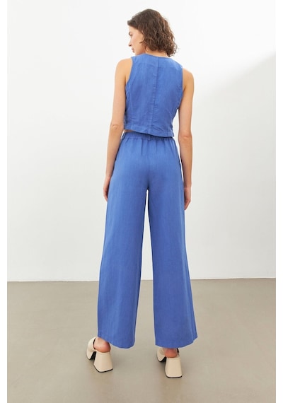 Stella Pulvis Mavi Keten Yüksek Bel Wide Leg Pantolon Mavi
