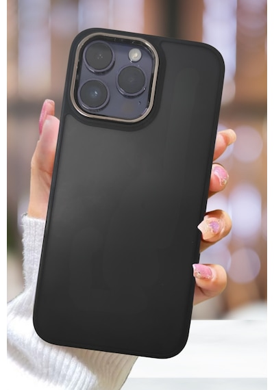 Fibaks iPhone 15 Pro Uyumlu Kılıf Metal Çerçeve Hassas Butonlu Renkli Buzlu Şeffaf Transparan Kapak Siyah