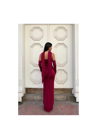 DefyModa Kadın Scuba Esnek Kumaş Straplez Balık Kesim Abiye Elbise Bordo