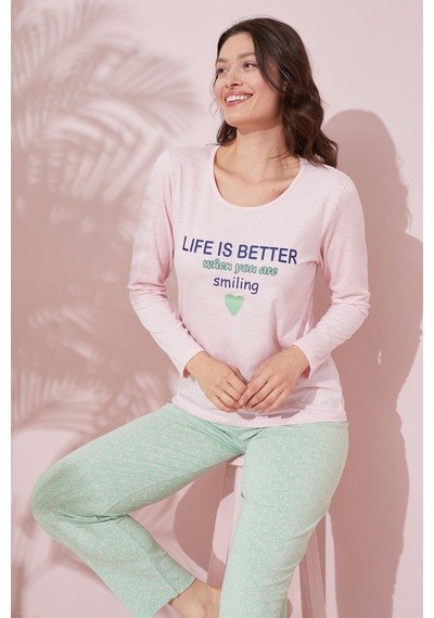 Siyah İnci Pamuklu Örme Pijama Takım 24240155 Pembe