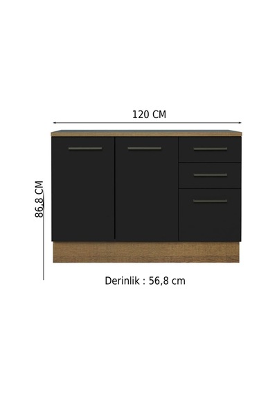 Yale Mutfak Alt Modül 3 Çekmeceli -2 Kapaklı-120 Cm -tezgah Dahil Antrasit