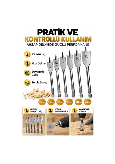 6 Parça Yaprak Matkap Ucu Seti 10-25 Mm Ahşap Delme Uçları