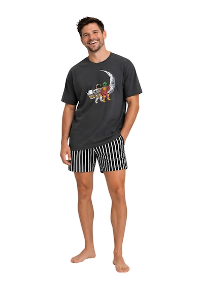 Pijamask Erkek Baskılı Şortlu Pamuklu Yazlık Pijama Takım Koyugri