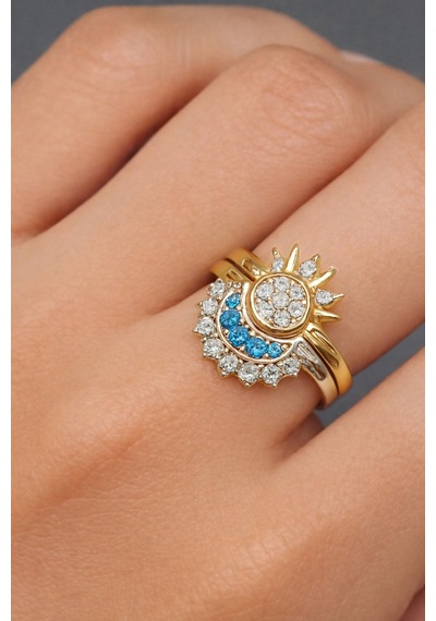 Çekirdekjewelry 925 Ayar Gümüş Ay Güneş Ayarlanabilir Yüzük Çok Renkli