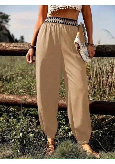 DefyModa Kadın Yüksek Bel Beli Lastikli Dökümlü Ve Beli Şeritli Pera Pantolon Bej