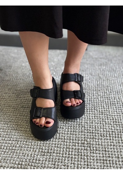 Asmi Shoes Kadın Wera Siyah İki Tokalı Kalın Taban Ortopedik Sandalet&terlik