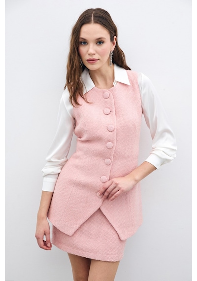 Sateen Düğmeli Tüvit Yelek - Pudra-135717 Pudra