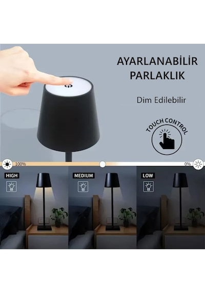 Şarjlı Masa Lambası Dimmerli Dekoratif Abajur Cata İstanbul Siyah Dokunmatik Yemek Masası Lambası