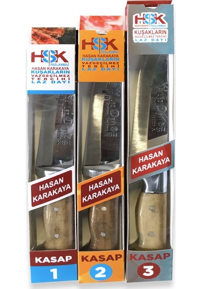 Lazdayı 3'lü El Dövmesi Kasap Kurban Bıçağı Seti - Et Doğrama Set Kahverengi