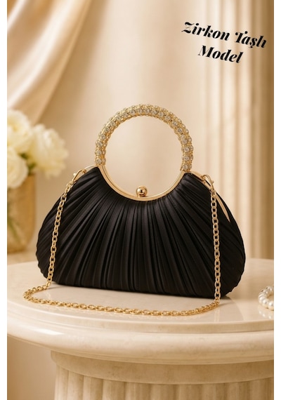 Famels Pileli /pilseli Çanta Yeni Model Pilseli Abiye Çanta Siyah Saten Taşlı Kulp Ve Zincirli, Gold Kasa Siyah Saten Y Famels Pileli /pilseli Çanta Yeni Model Pilseli Abiye Çanta Siyah Saten Taşlı Kulp Ve Zincirli, Gold Kasa Siyah Saten Y