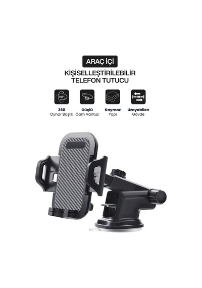 Araç İçi Cam Vantuzlu Telefon Tutucu Teleskopik 360 Dönebilen Oto Telefon Tutacağı Diğer