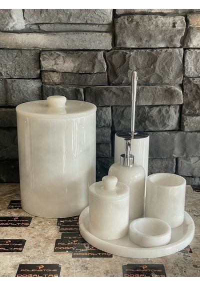 Yeni Beyaz Mermer Kulplu 7'li Banyo Seti Büyük Çöp Kovalı 25x20 Beyaz