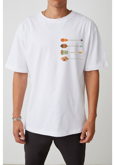 Thewert Unisex Dört Renkli Oklar Baskılı Beyaz Oversize Tshirt