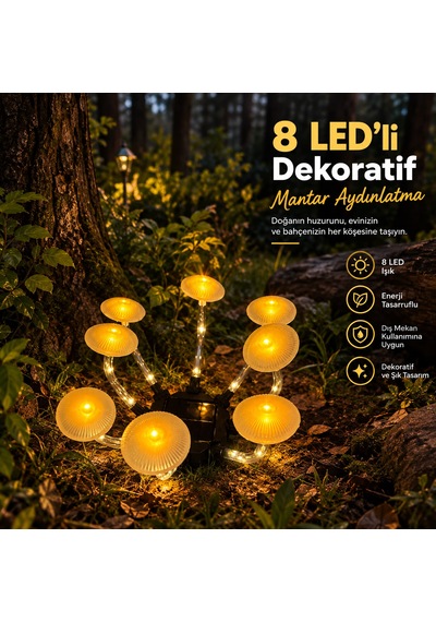 Güneş Enerjili Dekoratif Mantar Bahçe, Yol Aydınlatması & 8 Led Solar Aydınlatma Gün Işığı