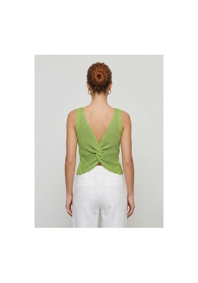 Neden Tekstil Twist Knot Detaylı Premium Kadın Triko Bluz V Yaka Örgü Dokulu Şık Crop Tasarım - Yeşil
