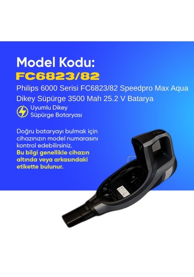 Philips 6000 Serisi Fc6823/82 Speedpro Max Aqua Dikey Süpürge 3500 Mah 25.2 V Batarya  Uyumlu Uzun Ömürlü, Maksimum Performans Pil