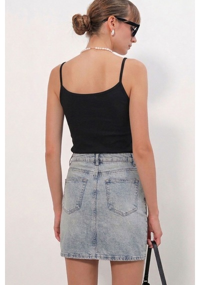 Hiccup Bdart Yüksek Bel Puantiyeli Denim Mini Etek Mavi