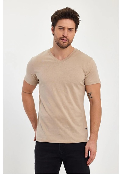 Erkek Compact Penye V Yaka T-shirt Oxford Tan